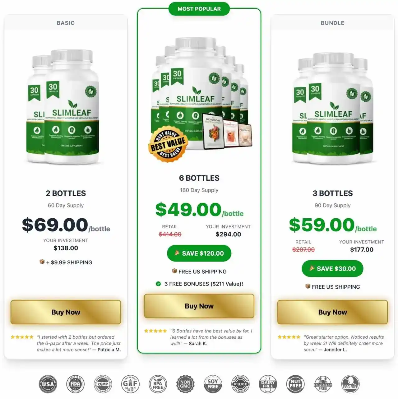 SlimLeaf Pricing — 1, 3 and 6 Bottle Packages with Discount